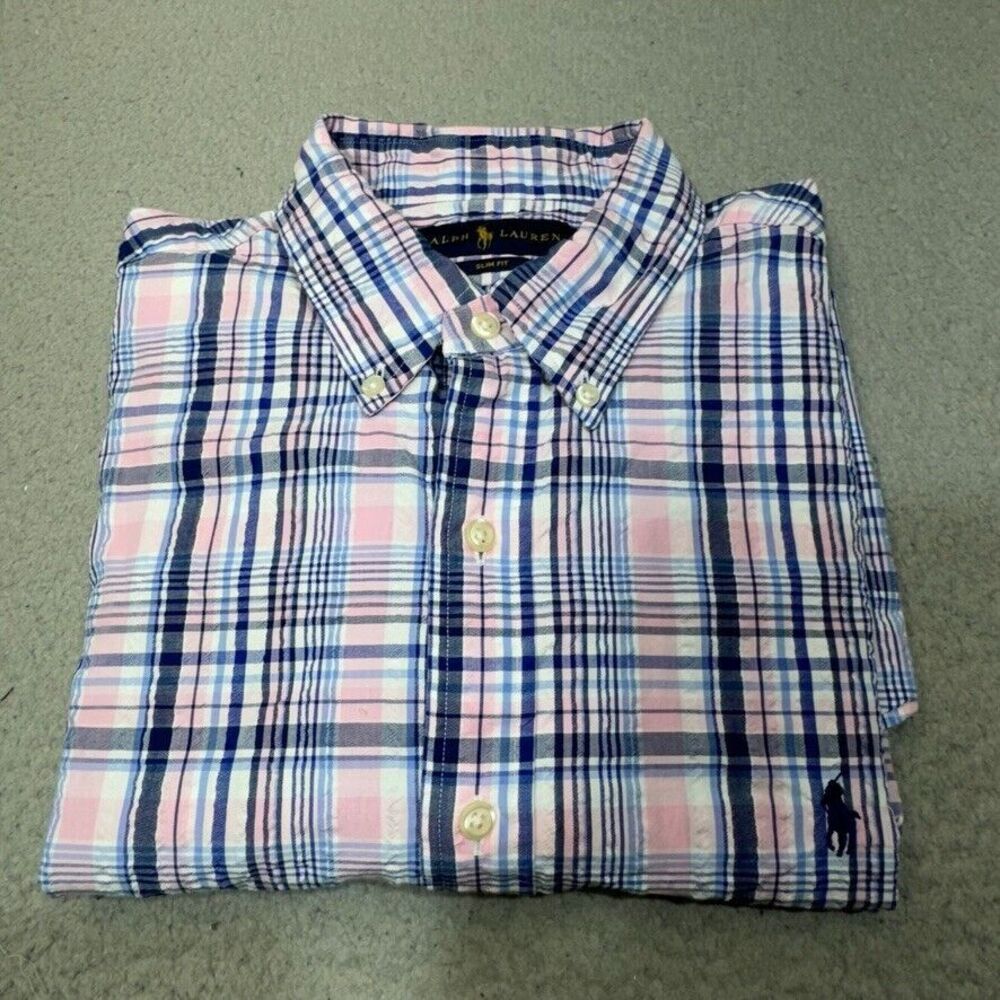 Polo Ralph Lauren Shirt Men Large Blue‎ Slim Seersucker Short Pink Pony Button